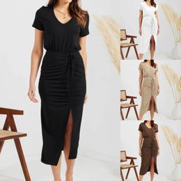 Casual Dresses Women Spring And Summer Fashion V Neck Short Sleeve Drawstring Slit Skirt Sexy Tight Dress