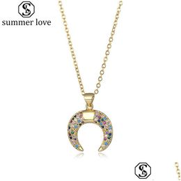 Pendant Necklaces Crescent Moon Necklace Vintage Colorf Cubic Zirconia Gold For Women 18K Plated Ball Chain Horn Jewelryz Dr Dhgarden Dhn2P