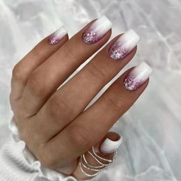 False Nails 24pcs DIY Square Glitter Sequins Decor Press On Nail Short Coffin Ballet Fake Full Cover Artificial Tips