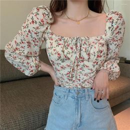 Women's Blouses Women Spring Top Flower Print Square Neck Summer Blouse Low-cut Long Sleeves Drawstring Lady Bubble Dress-up