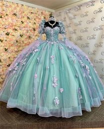 Luxury Princess Puff Sleeve Quinceanera Dresses 3D Flowers Ball Gown Birthday Gown Lace-Up Beaded Sweet 16 Dresses Tulle vestido