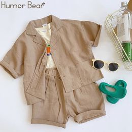 Clothing Sets Humour Bear Japanese Korean Style Boys Cotton Linen Kids All Match Single Breasted Shirt Shorts 2Pcs Suits 230331