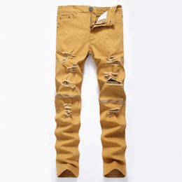 Men's Jeans Fashion Men Ripped Designer Pants Slim Fit Knee Zipper Red Club Wear Bright Colour Denim JoggerMen's