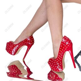 Olomm New Women Platform Shiny Studded Pumps Stiletto Heels Pumps Peep Toe Gorgeous 4 Colors Party Shoes Women Plus US Size 5-20