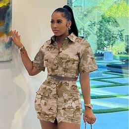 Two Piece Dress MUDAN Fashion Women 2 Set Outfits Short Sleeve Pocket Front Shirt and Midi Skirt Suit 2023 Summer Tracksuit 230331