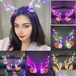 Party Favour Colorf Led Light Christmas Elk Horn Hair Pin Clips Luminous Antler Deer Hairpin Girls Xmas Gift Hairband 3D Reindeer Dro Dhpms