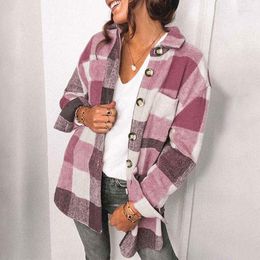 Women's Jackets Autumn Chequered Plaid Jacket Women Overshirt Winter Coat Female Warm Button Shirt For 2023