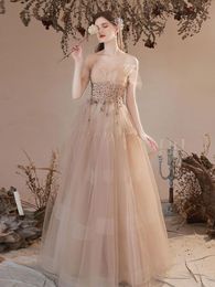 Party Dresses A Line Champagne Long Prom Formal Graduation Dress With Beading Sequin