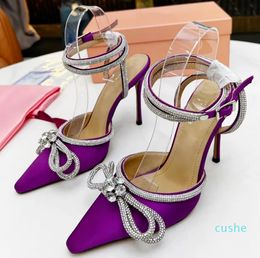 Dress shoes thin heel high heels pink silk ankle strap buckle 6cm rhinestone bow wrap toe tip luxury designer spring and summer party sandals 35-40