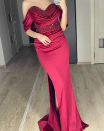 2023 Satin Sexy Burgundy Evening Dress For Women off shoulder high side slit Sleeveless Sweetheart Long Slim Fit Fairy Party Gowns Vestido