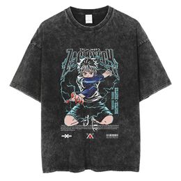 Erkek T Shirt Anime Hunter X Tshirt Killua Zoldyck Yıkanmış T Gömlek %100 Pamuk T Gömlek Erkekler Gevşek Y2k Yelek Yaz Kısa Kollu Gömlek 230330