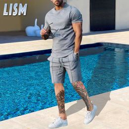 Men's Tracksuits LISM New Solid Summer Set Mens Casual Streetwear Breathe Outfits Short Sleeve Tshirt and Shorts Men Loose Suit Sports Tracksuit W0322