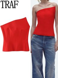 Women's Tanks Camis TRAF Red Corset Top Woman Off Shoulder s For Women Bustier Asymmetric Crop Party Night Backless Lingerie Sexy s 230331