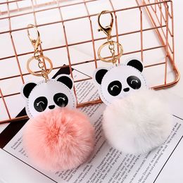 Kawaii PU Leather Panda Keychain With Artificial Fur Pom Pom Cute Plush Animal Keyring For Women Girls Backpack Decoration Gifts