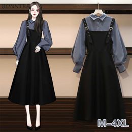 Two Piece Dress Set Chic Fashion Elegant Office Lady Outfits 2 Korean Fall Basic Simple Female Shirts Vestido Mujer Aesthetic 230331