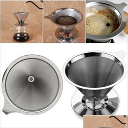 Coffee Tea Tools Cone Shaped Stainless Steel Dripper Double Layer Mesh Filter Basket Reusable Drop Delivery Home Garden Kitchen Di Dhl02