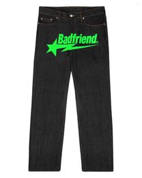 Men's Jeans Y2k Hip Hop Badfriend Letter Printing Baggy Black Pants 2023 Harajuku Fashion Punk Rock Wide Foot Trousers Streetwear Ltxr
