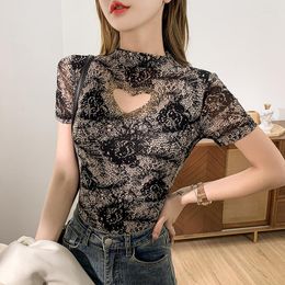 Women's T Shirts 2023 Summer European Style Mesh Thin Chic T-Shirt Sexy Hollow Out Love Diamonds Print Women Tops Short Sleeve Tees 33071