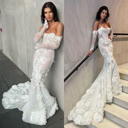 Meerjungfrau Langarmkleider für Braut 3D-florale Applikationen Spitzen Hochzeitskleiderknopf zurück Brautkleider