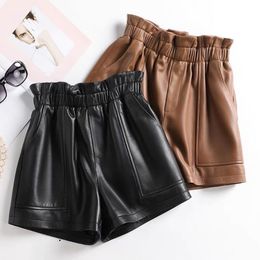 Women's Shorts Genuine Leather Shorts Women's High Waist Fall ELASTIC Waist Wide Leg Shorts Women's High Quality 230331