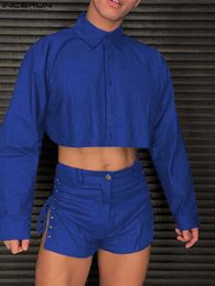Men's Tracksuits Fashion Men Sets 2023 Solid Colour Lapel Long Sleeve Crop Shirt Lace Up Shorts 2PCS Sexy Streetwear Men Suits S-5XL INCERUN W0322