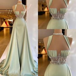 Arabic Green Mermaid Prom Dresses Elegant Sleeveless Halter Neck Soft Satin Beading Dresses Long Party Evening Gowns BC15712