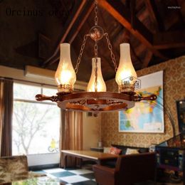 Pendant Lamps American Country Solid Wood Chandelier Living Room Restaurant Bar Chinese Antique Creative Boat Rudder Glass