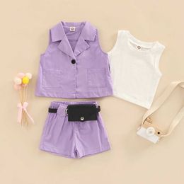FOCUSNORM 4pcs Fashion Little Girls Clothes Sets 1-6Y Solid Sleeveless VestwithTurn Down Collar Blazer CoatwithShorts With Waist Bag