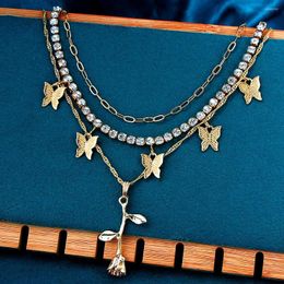 Chains Bohemian Multilayer Golden Rose Pendants Necklaces For Women Bling Rhinestone Chain Butterfly Necklace 2023 Fashion Jewellery Gift