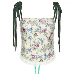 Belts Floral Bustier Crop Top Sexy Tank Tops Bow Suspenders Lace Up Backless Print Camisole TopsBelts
