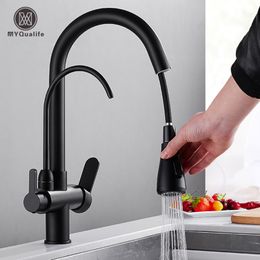 Kitchen Faucets Matte Black Pure Water Kitchen Faucet Dual Handle and Cold Drinking Water Pull Out Kitchen Mixer Taps 230331