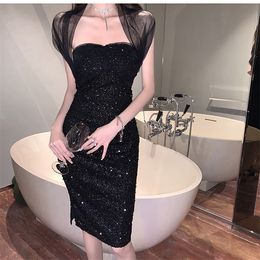 Women's square collar gauze patched sexy black Colour paillette shinny bling party bodycon pencil knee length dress SML