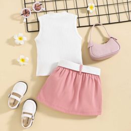 FOCUSNORM 0-5Y Summer Fashion Kids Girls 2pcs Clothes Sets Solid Sleeveless Knit Vest TopswithMini Skirt Fanny Pack Set