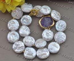 Chains Z11389 18" 28mm White Coin Pearl Natural Gold-Plating Amethyst Necklace