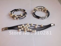 Strand Beaded Strands 20pcs Fashion Cuff Bracelets - 7.5'' Leather Cord Stainless Steel Clasp 9-10mm White Freshwater Pearl BraceletBeaded