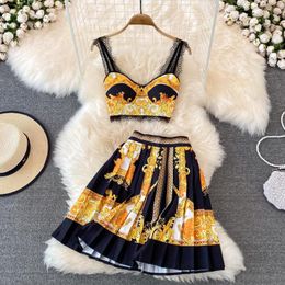 Work Dresses 2pcs Dress Set Women 2023 Summer Fashion Two Piece Suits Cup Padded Lace Floral Crop Top Retro Print Mini Pleated Skirts Suit