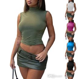 Plus Size S-3xl Womens T Shirt High-necked Pleated Backless Crop Top Casual Sleeveless Sexy Tee Shirt Vest Women