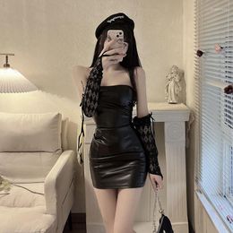 Casual Dresses Sexy Pure Desire Dark Spicy Girl Hip Wrap Skirt Faux Leather Bra Slim Fit Dress Gift Lace Cuffles Female