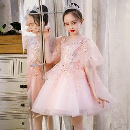 Ethnic Clothing Princess Pink Sequins Beading Evening Dresses Girl Birthday Tulle Dress Wedding Gown Kids Short Sleeve Party Wear