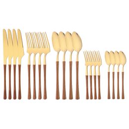 Dinnerware Sets Brown Gold 20Pcs Stainless Steel Tableware Set Knife Fork Coffee Spoon Tableware Copy Wooden Handle Tableware Kitchen Tableware 230331