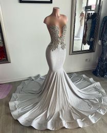 2023 Arabic Aso Ebi Silver Mermaid Prom Dress Beaded Lace Evening Formal Party Second Reception Birthday Engagement Gowns Dresses Robe De Soiree ZJ242