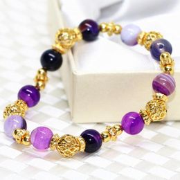 Strand Natural Purple Onyx Stone Carnelian Agat Round Beads 8mm Bracelets For Women Gold-color Spacers Jewelry 7.5inch B2075