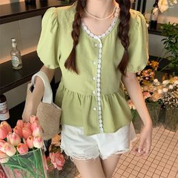 Women's Blouses Spring Summer Korean Cute Shirts Female Fashion Puff Sleeve Short Top Hollow Out Round Neck Skirm Hem