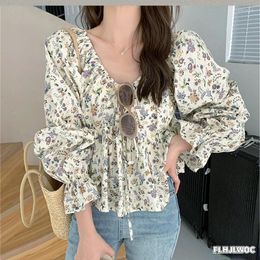 Women's Blouses 2023 Summer Holiday Date Girls Floral Print V Neck Sexy Breezy Boho Tops Japan Chic Fashion Clothes