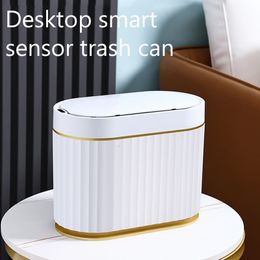 Waste Bins 4L Smart Sensor Trash Can Desk Small Lovely Mini Light Luxury Wind Basket Bucket Papelera Escritorio 230331
