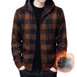 Men's Sweaters 2023 Autumn Korean Hooded Men's Sweater With Thick And Velvet Cardigan Knitted Coat Grid Jacket Male M-3XL 8668