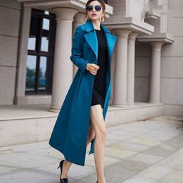 Kvinnors trenchrockar Spring Autumn Long Windbreaker Double Breasted Fashion Midjejacka Vintage Haze Blue Coat Female 230331