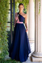 Party Dresses Navy Blue & Pink Prom Sexy One Shoulder Long Sleeve Formal Reception Dress For Lady Women Floor Length Vestidos
