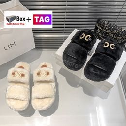 With Box Fashion Slippers Womens Shearling Fur Open Slides Sandals Rubber Luxury Designer Moccasins Casual Lady Shoes Size 35-40