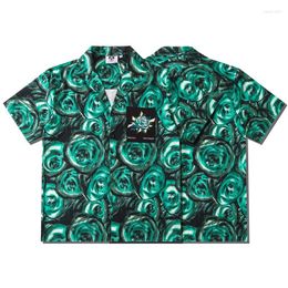 Men's T Shirts Unisex Man Woman Summer Hawaiian Beach Shirt Hip Hop Green Rose Printing Short Sleeves